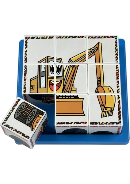 Çalışkan Araçlar 3D Küp Puzzle - (9 Küp 6 Yapboz) - Kepçe/itfaiye/traktör/vinç/kamyon/forklift