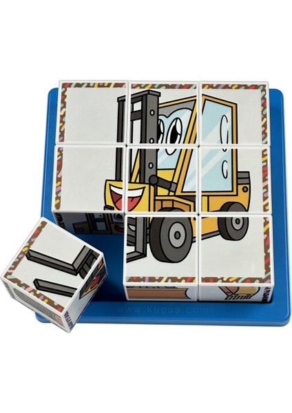 Çalışkan Araçlar 3D Küp Puzzle - (9 Küp 6 Yapboz) - Kepçe/itfaiye/traktör/vinç/kamyon/forklift