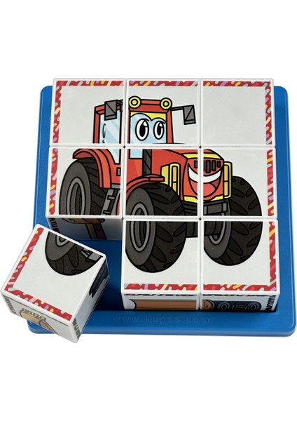 Çalışkan Araçlar 3D Küp Puzzle - (9 Küp 6 Yapboz) - Kepçe/itfaiye/traktör/vinç/kamyon/forklift