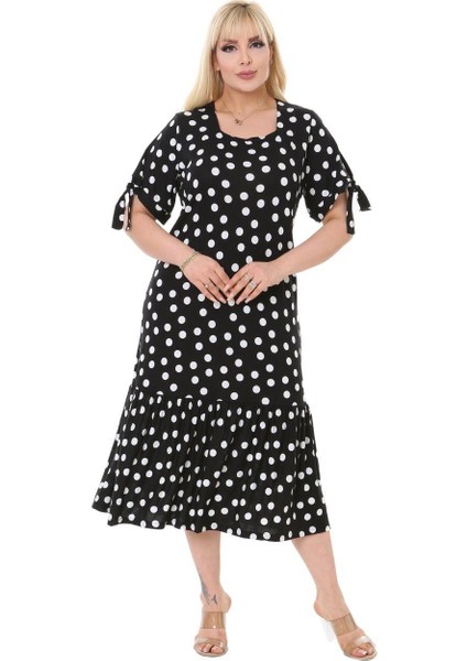 Butik Siyah Puanlı Bağlamalı Kısa Kollu Kadın Midi Elbise