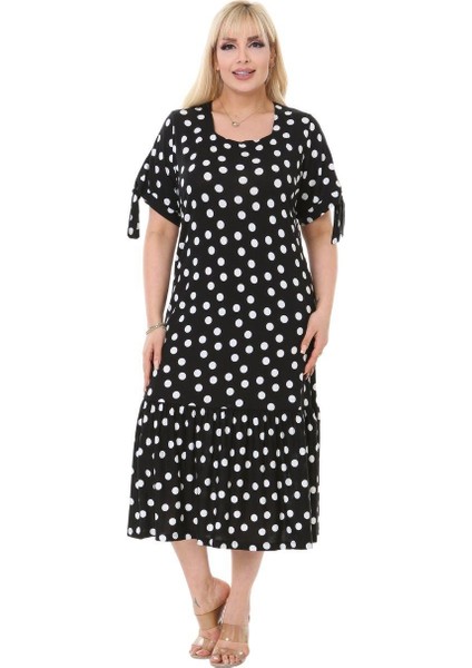 Butik Siyah Puanlı Bağlamalı Kısa Kollu Kadın Midi Elbise fiyatları