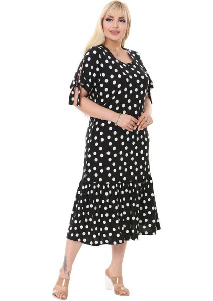 Butik Siyah Puanlı Bağlamalı Kısa Kollu Kadın Midi Elbise modelleri