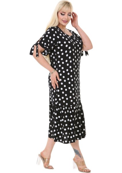 Butik Siyah Puanlı Bağlamalı Kısa Kollu Kadın Midi Elbise fırsatları