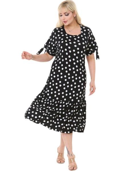 Butik Siyah Puanlı Bağlamalı Kısa Kollu Kadın Midi Elbise indirimleri