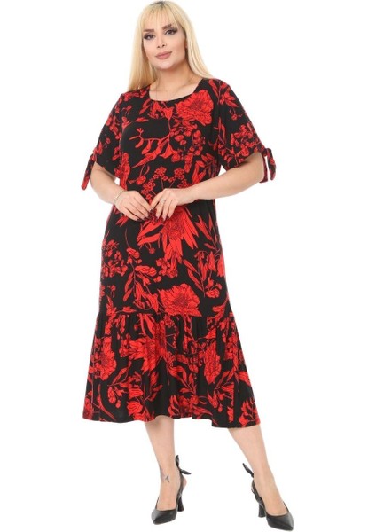Butik Kırmızı Palmiye Desen Bağlamalı Kısa Kollu Kadın Midi Elbise