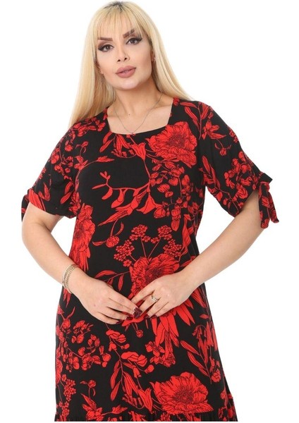 Butik Kırmızı Palmiye Desen Bağlamalı Kısa Kollu Kadın Midi Elbise fiyatları