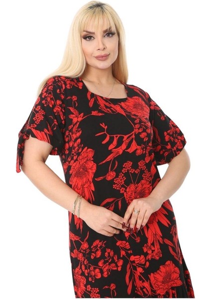Butik Kırmızı Palmiye Desen Bağlamalı Kısa Kollu Kadın Midi Elbise modelleri