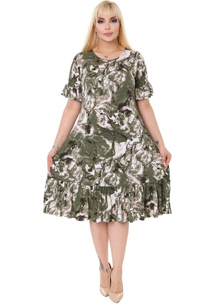 Butik Yeşil Batik Desen Fırfırlı Kısa Kollu Kadın Midi Elbise