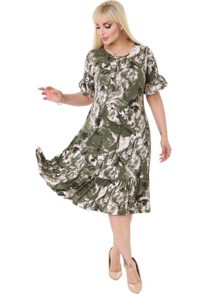 Butik Yeşil Batik Desen Fırfırlı Kısa Kollu Kadın Midi Elbise