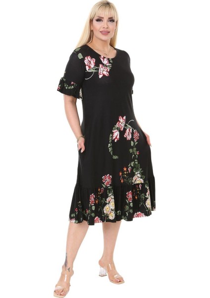 Butik Siyah Pembe Çiçekli Fırfır Detaylı Kısa Kollu Midi Elbise