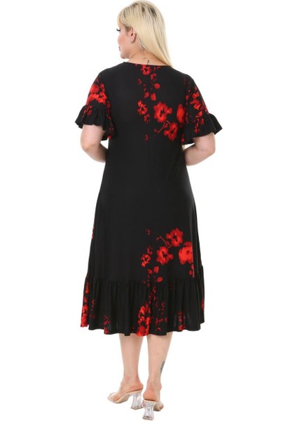 Butik Gelincik Desen Fırfır Detaylı Kısa Kollu Midi Elbise fırsatları