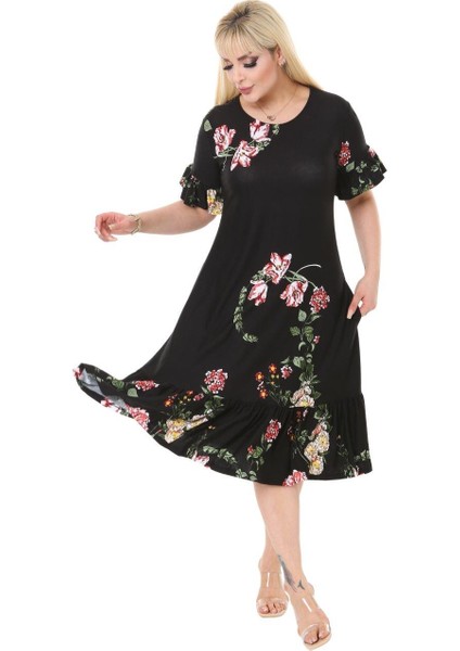 Butik Siyah Pembe Çiçekli Fırfır Detaylı Kısa Kollu Midi Elbise fiyatları