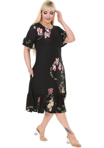 Butik Siyah Pembe Çiçekli Fırfır Detaylı Kısa Kollu Midi Elbise modelleri