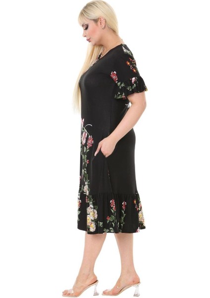 Butik Siyah Pembe Çiçekli Fırfır Detaylı Kısa Kollu Midi Elbise fırsatları