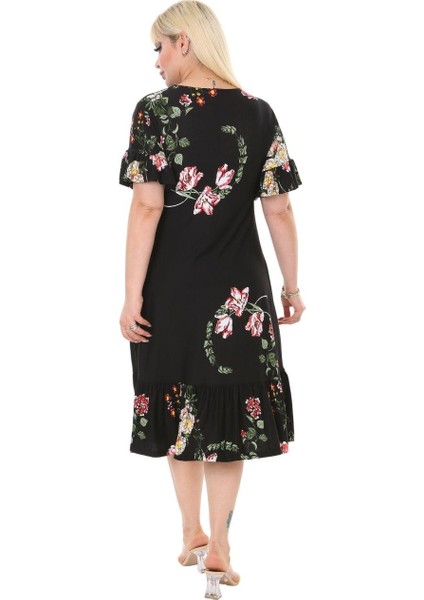 Butik Siyah Pembe Çiçekli Fırfır Detaylı Kısa Kollu Midi Elbise indirimleri