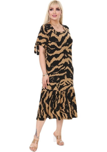Butik Vizon Zebra Desen Bağlamalı Kısa Kollu Kadın Midi Elbise