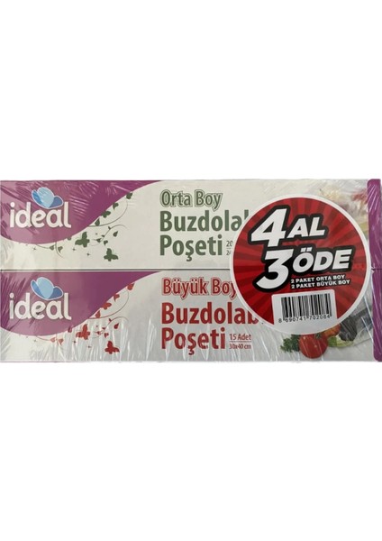 Ideal Buzdolabı Poşeti 4 Al 3 Öde 2 Orta + 2 Büyük x 2 Set