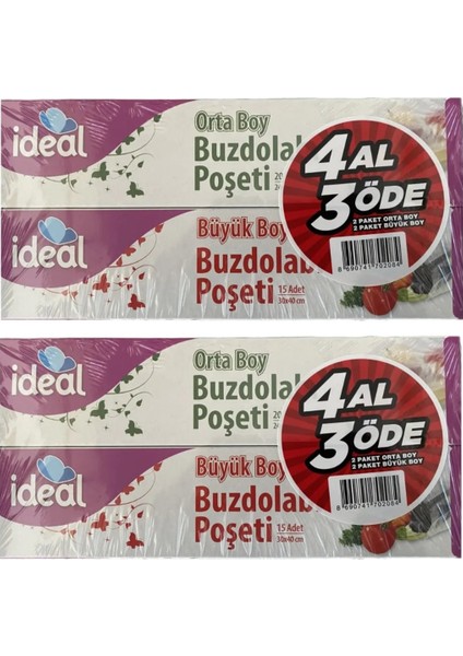 Ideal Buzdolabı Poşeti 4 Al 3 Öde 2 Orta + 2 Büyük x 2 Set