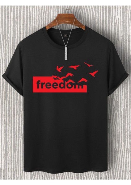 Freedom Yazılı Pamuklu Oversize Tişört. Özgürlük Yazılı ve Uçan Özgür Kuşlar Temalı Unisex Tişört
