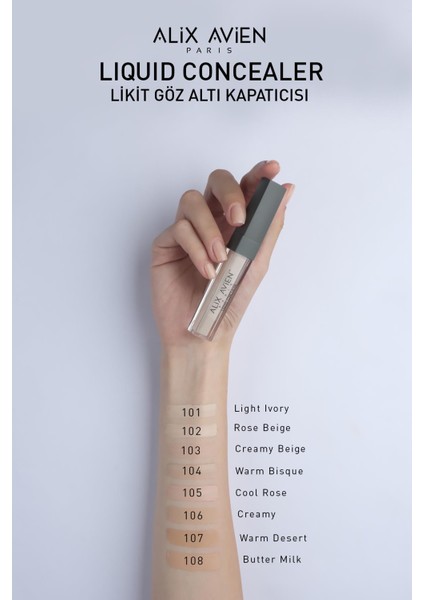 Alix Avien Likit Göz Altı Kapatıcısı - Açık Ten Soğuk Cilt Alt Tonu - Liquid Concealer 102 Rose Beige