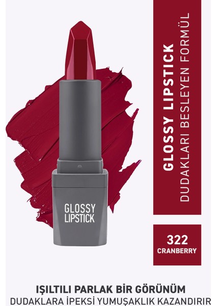 322 Cranberry Parlak Ruj - Nemlendirici Etkili Pürüzsüz Dudak Görünümü - Glossy Lipstick