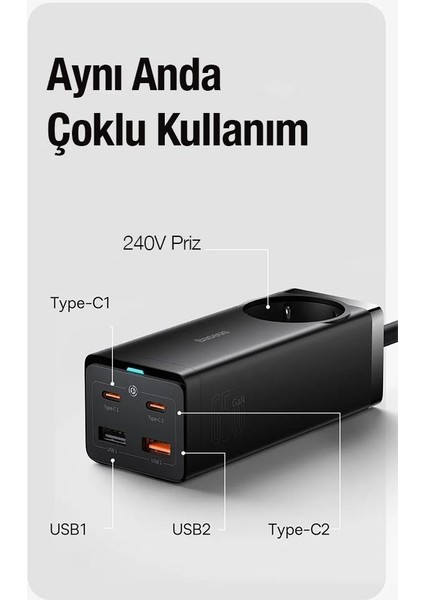 Super Şarj Istasyonu 240V Priz Çoğaltıcı 65W Type-C USB Şarj Başlık ve 1 mt 100W Type-C Kablo