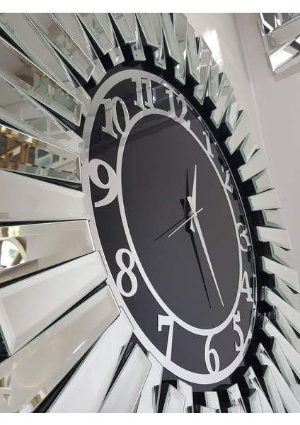 Güneş Silver Latin Black Model Gümüş Siyah Renk 85 Cm Dekoratif Aynalı Duvar Saati