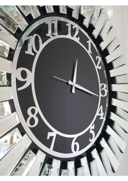 Güneş Silver Latin Black Model Gümüş Siyah Renk 85 Cm Dekoratif Aynalı Duvar Saati