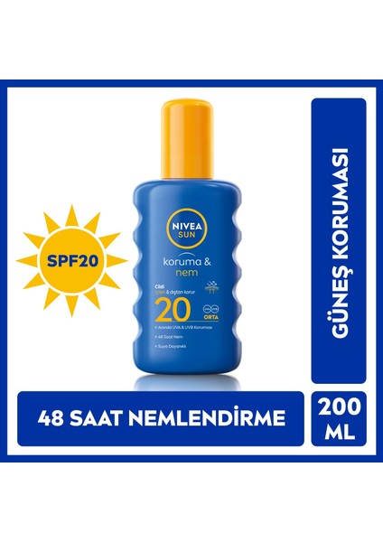 NIVEA Sun SPF20 Güneş Koruyucu & 48 Nemlendirici Güneş Kremi 200 ml Sprey;Anında UVA/UVB Koruması