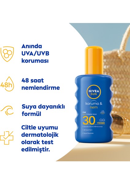 Sun SPF30 Güneş Koruyucu & 48 Nemlendirici Güneş Kremi 200 ml Sprey;Yüksek Güneş Koruması