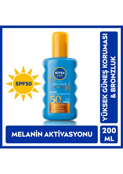 Sun SPF50 Güneş Koruyucu & Bronzluk Güneş Kremi 200 ml Sprey,Çok Yüksek Güneş Koruması