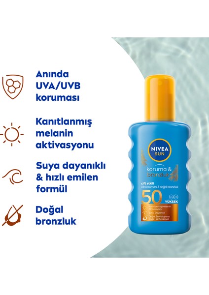 NIVEA Sun SPF50 Güneş Koruyucu & Bronzluk Güneş Kremi 200 ml Sprey,Çok Yüksek Güneş Koruması