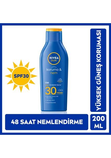 Sun SPF30 Güneş Koruyucu & 48 Nemlendirici Güneş Losyonu 200 ml;Yüksek Güneş Koruması