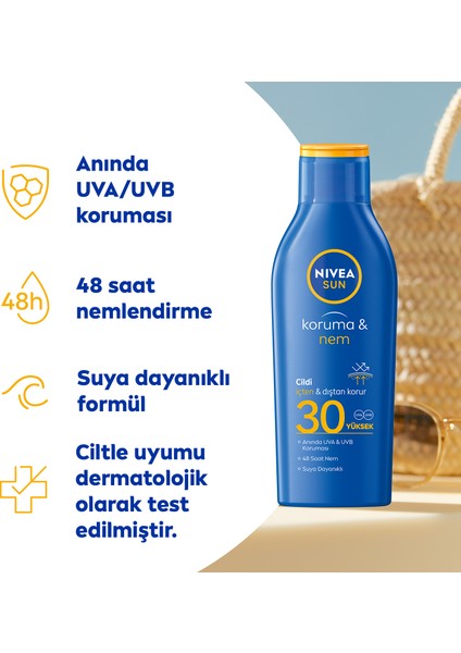 Sun SPF30 Güneş Koruyucu & 48 Nemlendirici Güneş Losyonu 200 ml;Yüksek Güneş Koruması