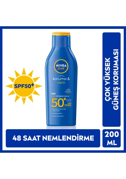 NIVEA Sun SPF50+ Güneş Koruyucu & 48 Nemlendirici Güneş Losyonu 200 ml,Çok Yüksek Güneş Koruması