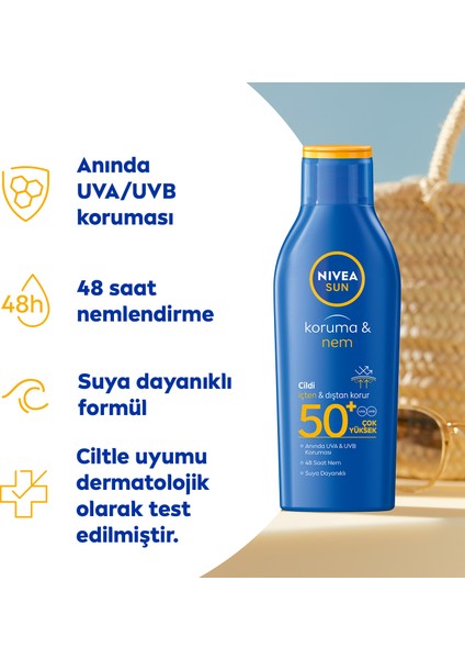 NIVEA Sun SPF50+ Güneş Koruyucu & 48 Nemlendirici Güneş Losyonu 200 ml,Çok Yüksek Güneş Koruması