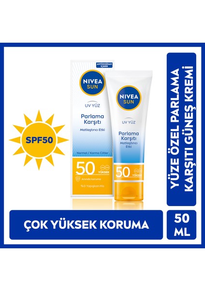 NIVEA Sun SPF50 Parlama Karşıtı & Matlaştırıcı Güneş Koruyucu Yüz Güneş Kremi 50 ml,Çok Yüksek Güneş Koruması