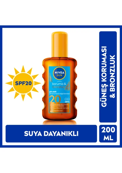 NIVEA Sun SPF20 Koruma & Bronzluk Güneş Yağı 200 ml Sprey,Anında UVA/UVB Koruması