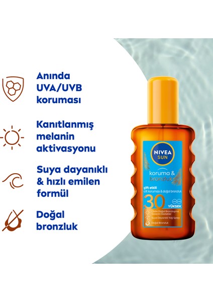 NIVEA Sun SPF30 Koruma & Bronzluk Güneş Yağı 200 ml Sprey,Yüksek Güneş Koruması