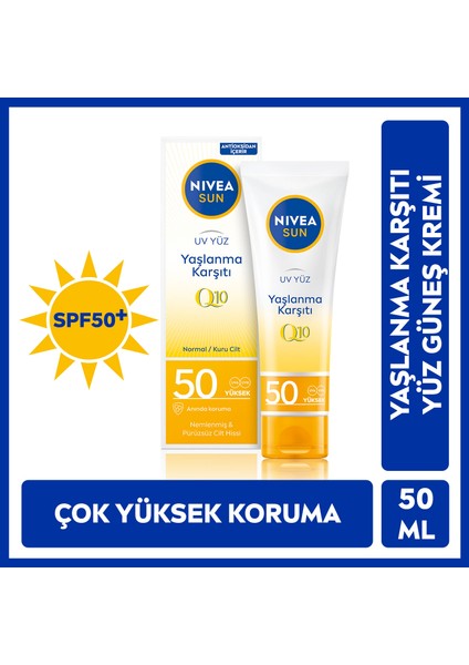 NIVEA Sun SPF50+  & Leke Q10 Yüz Güneş Kremi 50 ml;Çok Yüksek Güneş Koruması