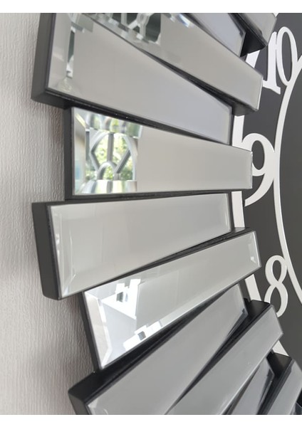Güneş Smoked Latin Black Model Gümüş Siyah Renk 85 Cm Dekoratif Aynalı Duvar Saati