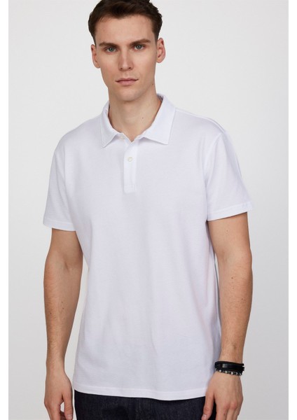 Slim Fit Desenli Polo Yaka Erkek Beyaz Tişört