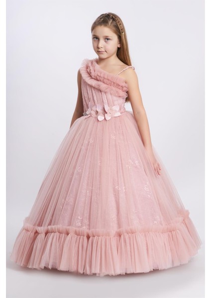 Kanila Kız Çocuk Tek Omuz Çiçek Detaylı Tarlatanlı Gelinlik 2216 Pudra