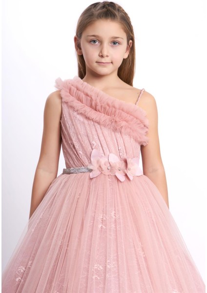 Kanila Kız Çocuk Tek Omuz Çiçek Detaylı Tarlatanlı Gelinlik 2216 Pudra modelleri