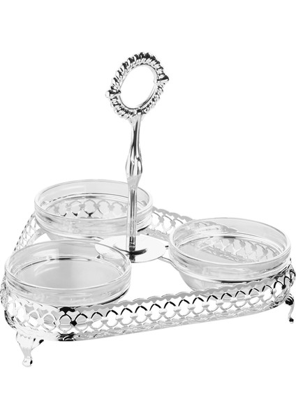 Queen Anne 3'lü Çerez Seti Baharatlık Çerezlik Gümüş Kaplama Cam Ingiliz Sofra Ürünü 22CM