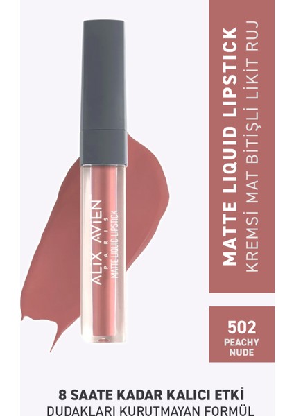 502 Peachy Nude Mat Bitişli Likit Ruj - 8 Saate Kadar Kalıcı Etki - Matte Liquid Lipstick