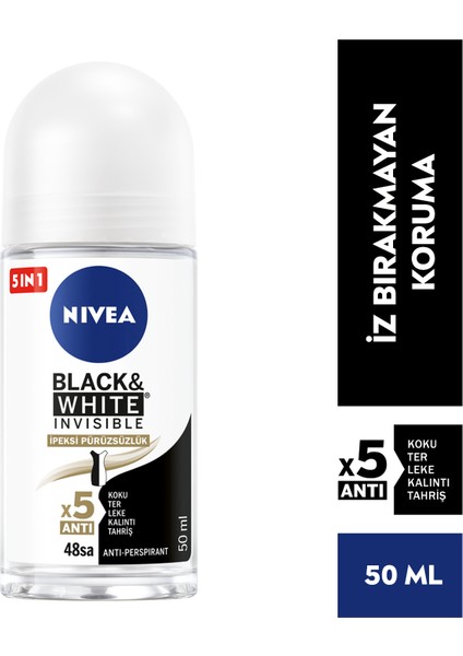 Kadın Roll-on Deodorant Black& White Invisible İpeksi Pürüzsüzlük 50ml; Ter ve Ter Kokusuna Karşı 48 Saat Anti-perspirant Deodorant Koruması; Hassas Koltuk Altı
