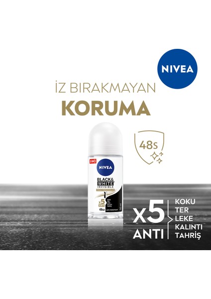Kadın Roll-on Deodorant Black& White Invisible İpeksi Pürüzsüzlük 50ml; Ter ve Ter Kokusuna Karşı 48 Saat Anti-perspirant Deodorant Koruması; Hassas Koltuk Altı