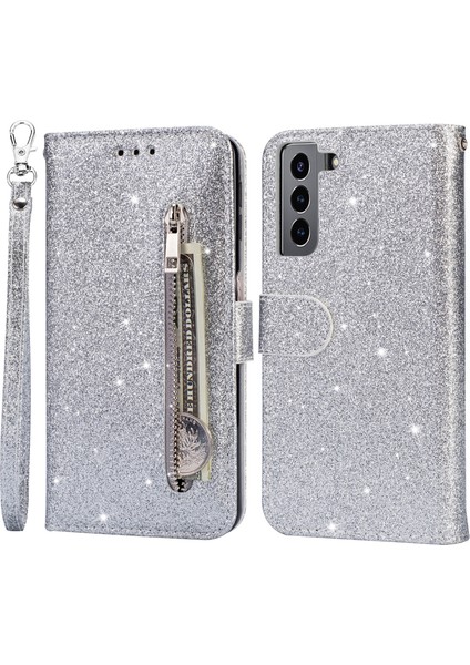 Glitter Pullar Deri Telefon Cüzdan Stand Kılıfı Kapak Samsung Galaxy S22 5g Için Fermuar Cep Tasarımı - Gümüş Rengi (Yurt Dışından)