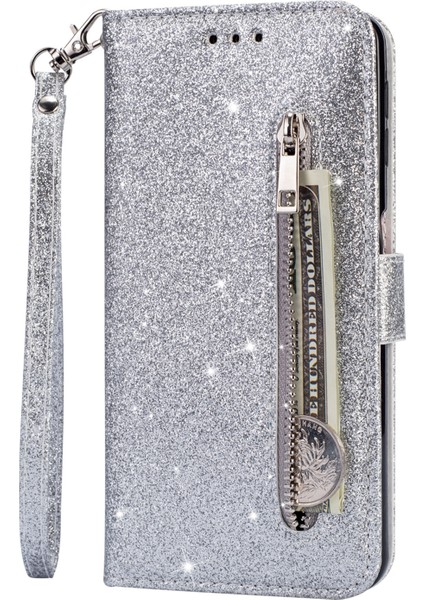 Glitter Pullar Deri Telefon Cüzdan Stand Kılıfı Kapak Samsung Galaxy S22 5g Için Fermuar Cep Tasarımı - Gümüş Rengi (Yurt Dışından) fiyatları